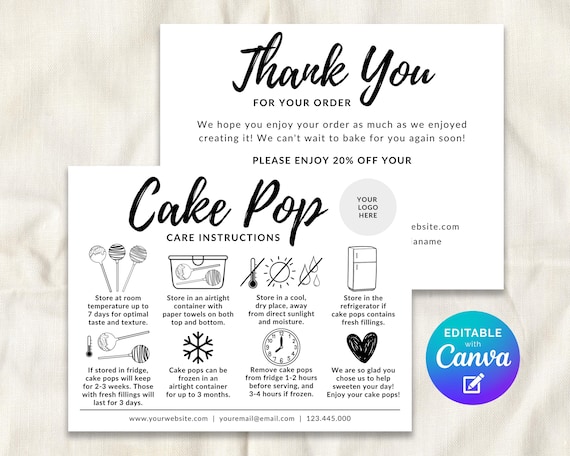Cake Pops Guide Care Card Editable Template, Cake Pop Care Instructions Labels, Cake Lollipops Bakery Business, Cakesicles Thank You Insert