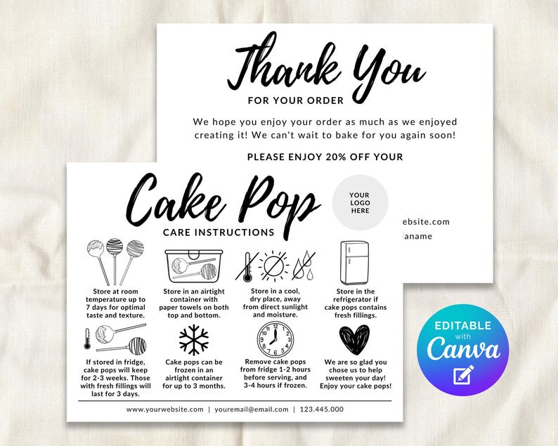 Cake Pops Guide Care Card Editable Template