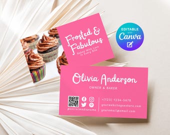 Bakery Business Card Editable Template, Pink Dessert Cupcake Sweet Shop DIY Calling Card for Home Bakers, Sweet Treats Card With Photo Canva