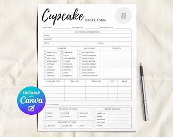 May include: A black and white cupcake order form with fillable fields for customer information, flavors, frostings, and order details. The form includes a section for drawing and payment methods. A pen rests on the right side of the form. The words "Cupcake Order Form" are at the top.
