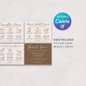 May include: Four beige cards with candle care instructions and a thank you message. The cards include text and illustrations on how to care for candles and wax melts. The sizes included are 5.5 x 4.25 inches and A6 (4.13 x 5.83 in).