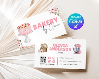 Bakery Business Card Editable Template, Pink Cake Shop DIY Business Name Card, Floral Custom QR Code Home Bakery Small Business Watercolor