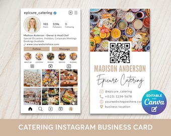 Modello modificabile per biglietti da visita Instagram per catering, biglietto da visita Instagram per catering per chef e ristoratori, codice QR per il marketing dei servizi di ristorazione su Canva