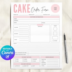 Peut inclure: Un formulaire de commande de gâteau blanc avec des accents roses et les mots "CAKE Order Form" en haut. Le formulaire comprend des sections pour les informations client, la saveur, la garniture, le glaçage et les demandes spéciales. Un stylo est posé à droite.