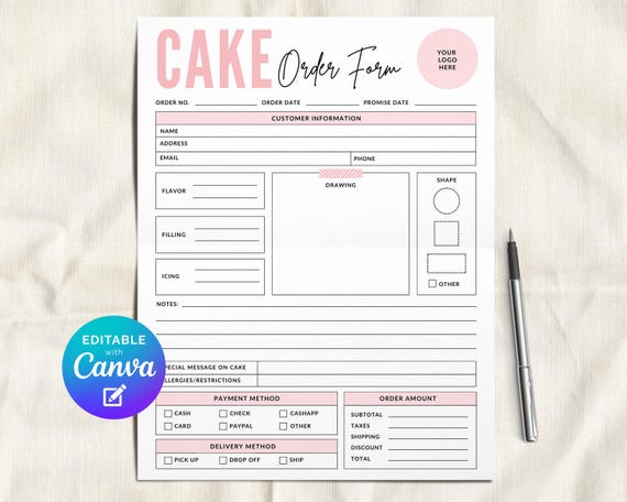 Cake Order Form Editable Template, Cake Invoice Form, Custom Order Form Template, Bakery Order Form, Cupcake Order Form, Cake Business