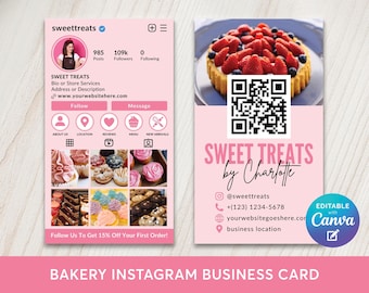 Bakery Instagram Business Card Editable Template, Cake Dessert Shop IG QR Code Calling Card, Sweet Treats Cupcake Pastry Shop Social Media