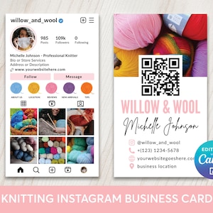 May include: A business card and Instagram profile template for a knitting business. The card features the business name "Willow & Wool" and contact information. The Instagram profile displays a profile picture, follower count, and a selection of knitting-related images.