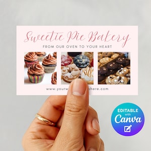 May include: A pink business card for Sweetie Pie Bakery, held by a hand. The card features the bakery's name in elegant script, the tagline "From our oven to your heart," and images of cupcakes, macarons, and cookies. The Canva logo is in the bottom right.