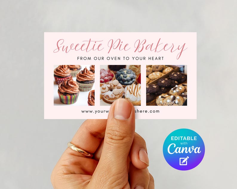 May include: A pink business card for Sweetie Pie Bakery, held by a hand. The card features the bakery's name in elegant script, the tagline "From our oven to your heart," and images of cupcakes, macarons, and cookies. The Canva logo is in the bottom right.