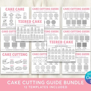 Puede incluir: Un paquete de 12 plantillas imprimibles de guías para cortar pasteles. Las guías incluyen instrucciones para pasteles en capas y guías de servicio de pasteles redondos o cuadrados. Las plantillas son en blanco y negro con acentos rosas.