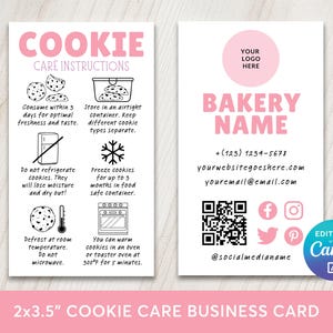 May include: A pink and white business card with cookie care instructions and bakery contact information. The card includes text such as "COOKIE CARE INSTRUCTIONS" and "BAKERY NAME". The card measures 2x3.5 inches.