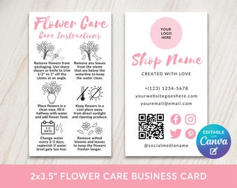 Modello modificabile per biglietti da visita con istruzioni per la cura dei fiori, etichetta per biglietti da visita con guida per bouquet di fiori recisi freschi, inserto per fiorista