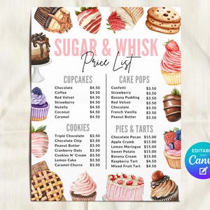 May include: A watercolor-style price list titled "Sugar & Whisk" featuring cupcakes, cake pops, cookies, pies, and tarts. The list includes flavors like chocolate, strawberry, and lemon cake. The design includes watercolor illustrations of the baked goods.