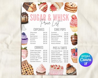 Modello modificabile per listino prezzi di panetteria, menù di torte per panetteria casalinga, menù di cupcake e dessert per piccola impresa di panetteria casalinga, volantino per la vendita di dolciumi