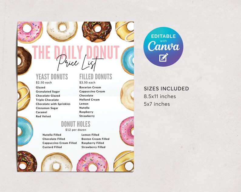 Daily Donut Menu.pdf Donut Price List Editable Template, Donuts Menu for Home Bakery, Cute ...