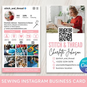 Może przedstawiać: Różowy i biały projekt wizytówki Instagram dla szycia. Karta zawiera tekst "Stitch & Thread" i "Charlotte Johnson". Karta zawiera również kod QR, uchwyty mediów społecznościowych i informacje kontaktowe.