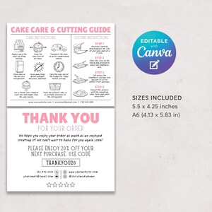 K&ouml;nnte beinhalten: Eine rosa und wei&szlig;e Karte mit Anweisungen zur Kuchenpflege und zum Schneiden sowie einer Dankesbotschaft. Die Karte enth&auml;lt den Text "Cake Care & Cutting Guide" und "Thank You For Your Order". Die Kartengr&ouml;&szlig;e betr&auml;gt 14 x 10.8 cm und A6 (10.5 x 14.8 cm).