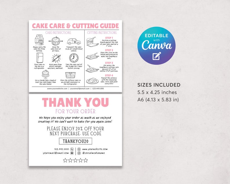 K&ouml;nnte beinhalten: Eine rosa und wei&szlig;e Karte mit Anweisungen zur Kuchenpflege und zum Schneiden sowie einer Dankesbotschaft. Die Karte enth&auml;lt den Text "Cake Care & Cutting Guide" und "Thank You For Your Order". Die Kartengr&ouml;&szlig;e betr&auml;gt 14 x 10.8 cm und A6 (10.5 x 14.8 cm).