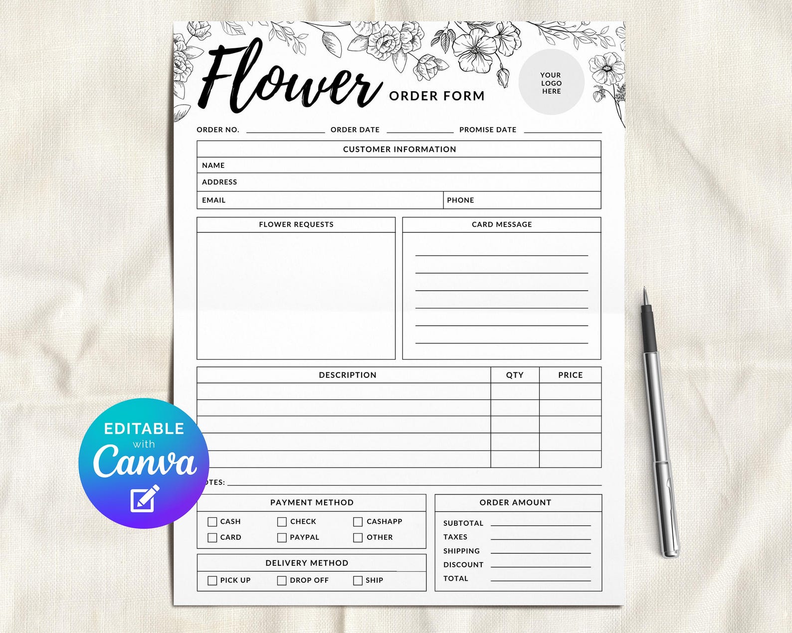 Florist Order Form Editable Template, Flower Bouquet Invoice Form ...