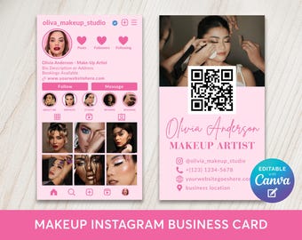 Pink Instagram Business Card Editable Template, Make Up Artist IG Calling Card For Esthetician, Beauty Salon Hair Nails QR Code Edit Canva