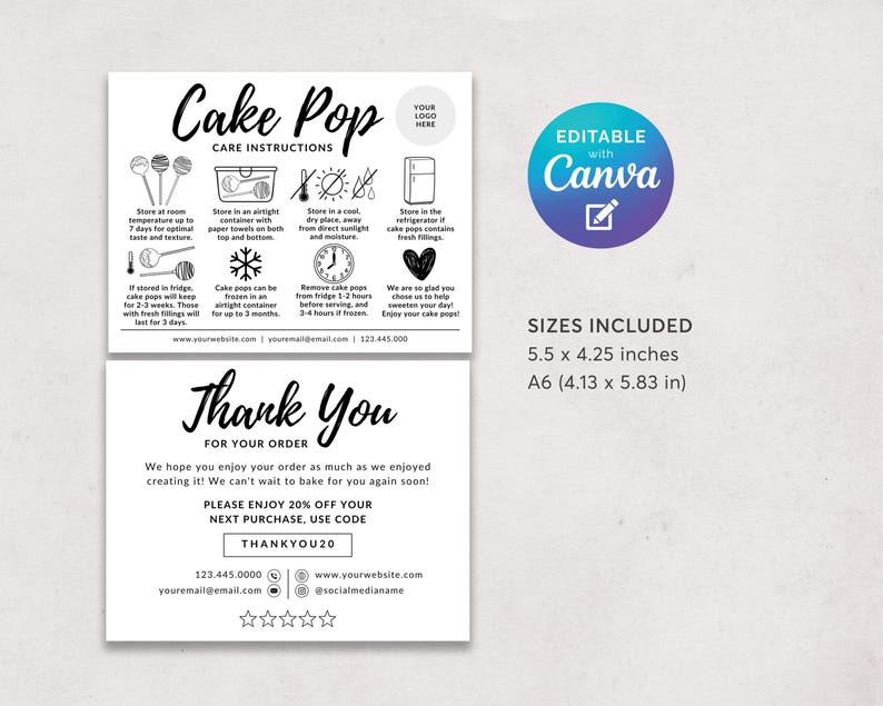 May include: A black and white card with "Cake Pop Care Instructions" and "Thank You" text. The card includes care tips, a Canva logo, and size details: 5.5 x 4.25 inches.