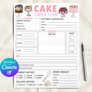 May include: A white cake order form with pink text and cake illustrations. The form has sections for order details, customer information, flavour, filling, icing, and a sketch area. A pen rests on the right.