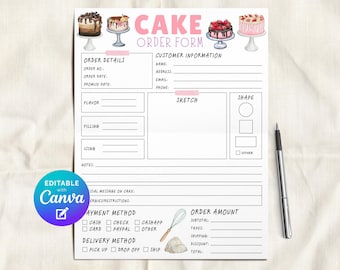 May include: A white cake order form with pink text and illustrations of cakes. The form includes sections for order details, customer information, flavor, filling, icing, and a sketch area. A pen rests on the right.