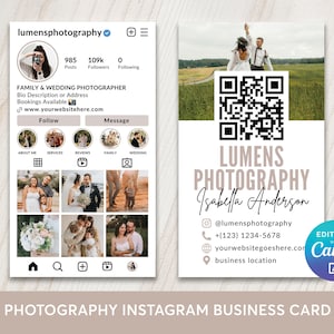 Redigerbar mall för fotograf-visitkort på Instagram, modern minimalistisk fotografering, IG-visitkort med QR-kod, gör-det-själv-visitkort, redigering för sociala medier i Canva
