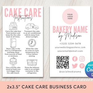 Taartonderhoudsinstructies visitekaartje bewerkbare sjabloon, onderhoudsgids minicake visitekaartjes label, insteekkaart doe-het-zelfbakkerij zakelijke verpakking