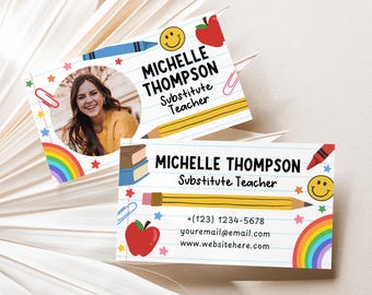 Modello di biglietto da visita per insegnante supplente con foto, biglietto da visita per tutor di scuola elementare, ritorno a scuola, download digitale