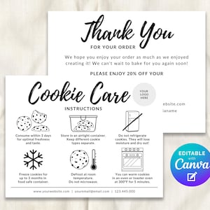 May include: White cookie care instruction card with black text. The card includes instructions on how to store and warm cookies. The card also says "Thank You" and "Please enjoy 20% off your" order.