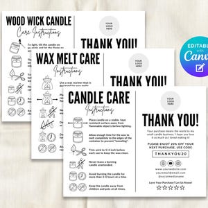 May include: A collection of white cards with black text, providing candle care instructions, wax melt care instructions, and thank you messages. The cards include illustrations and a Canva logo.