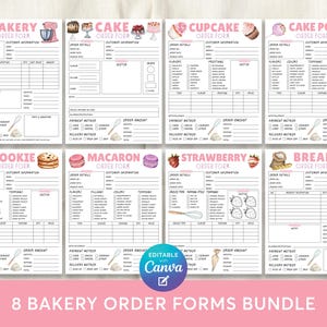 May include: A bundle of eight bakery order forms, each with a different dessert theme, including cakes, cupcakes, cookies, and bread. The forms are designed with watercolor illustrations and include sections for order details, flavors, and payment methods. The forms are editable with Canva.