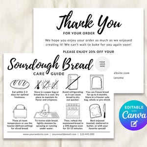 May include: Two-sided white card with black text. The top card says "Thank You For Your Order" and offers a 20% discount. The bottom card is a sourdough bread care guide with illustrated instructions and website information.