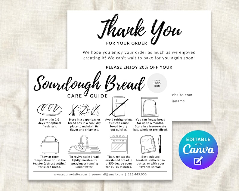 Sourdough Bread Care Instructions Card Editable Template, Bread Storage
