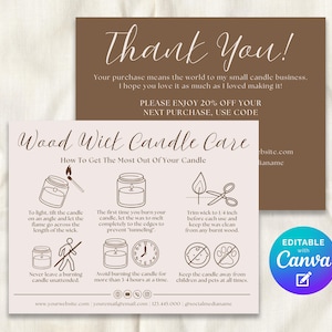May include: Two-sided business card with candle care instructions and a thank you message. The card features illustrations and text in a brown and white color scheme. The card also includes a call to action for a discount on the next purchase.
