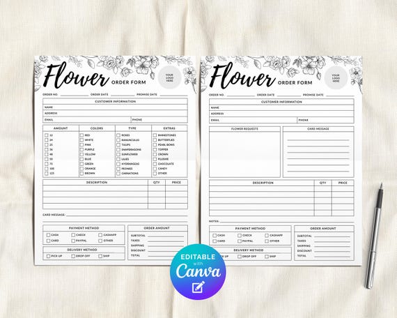 Florist Order Form Editable Template, Flower Bouquet Invoice Form, Simple Floral Custom Order Sheet, Flowers Order Form, Business Receipt