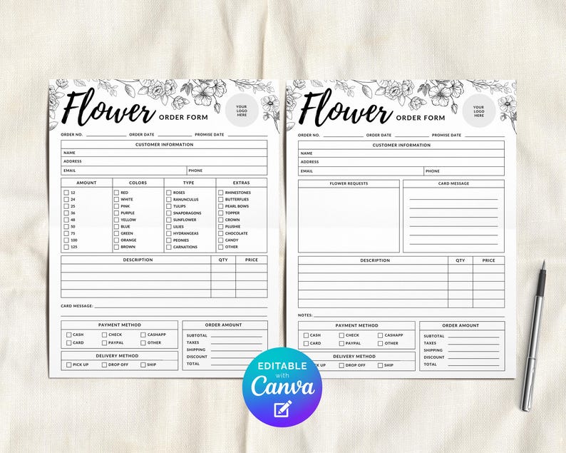 May include: Two black and white flower order forms with floral accents and the text "Flower Order Form." The forms include sections for customer information, flower requests, and payment details. A pen rests on the right side.