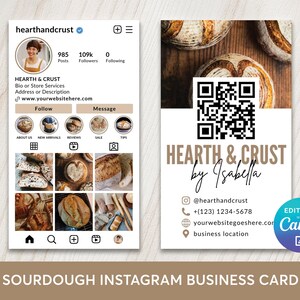 May include: A business card design for a sourdough bakery, featuring an Instagram profile layout and a card with the "Hearth & Crust" logo. Includes contact details, a QR code, and the text "Editable with Canva."