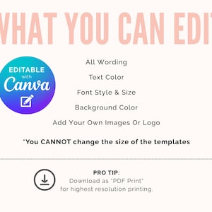 K&ouml;nnte beinhalten: Hellrosa Grafik mit dem Text "WHAT YOU CAN EDIT". Es listet editierbare Elemente wie Wortlaut und Textfarbe auf. Ein Canva-Logo ist vorhanden, zusammen mit einem Download-Tipp f&uuml;r hochaufl&ouml;senden Druck.