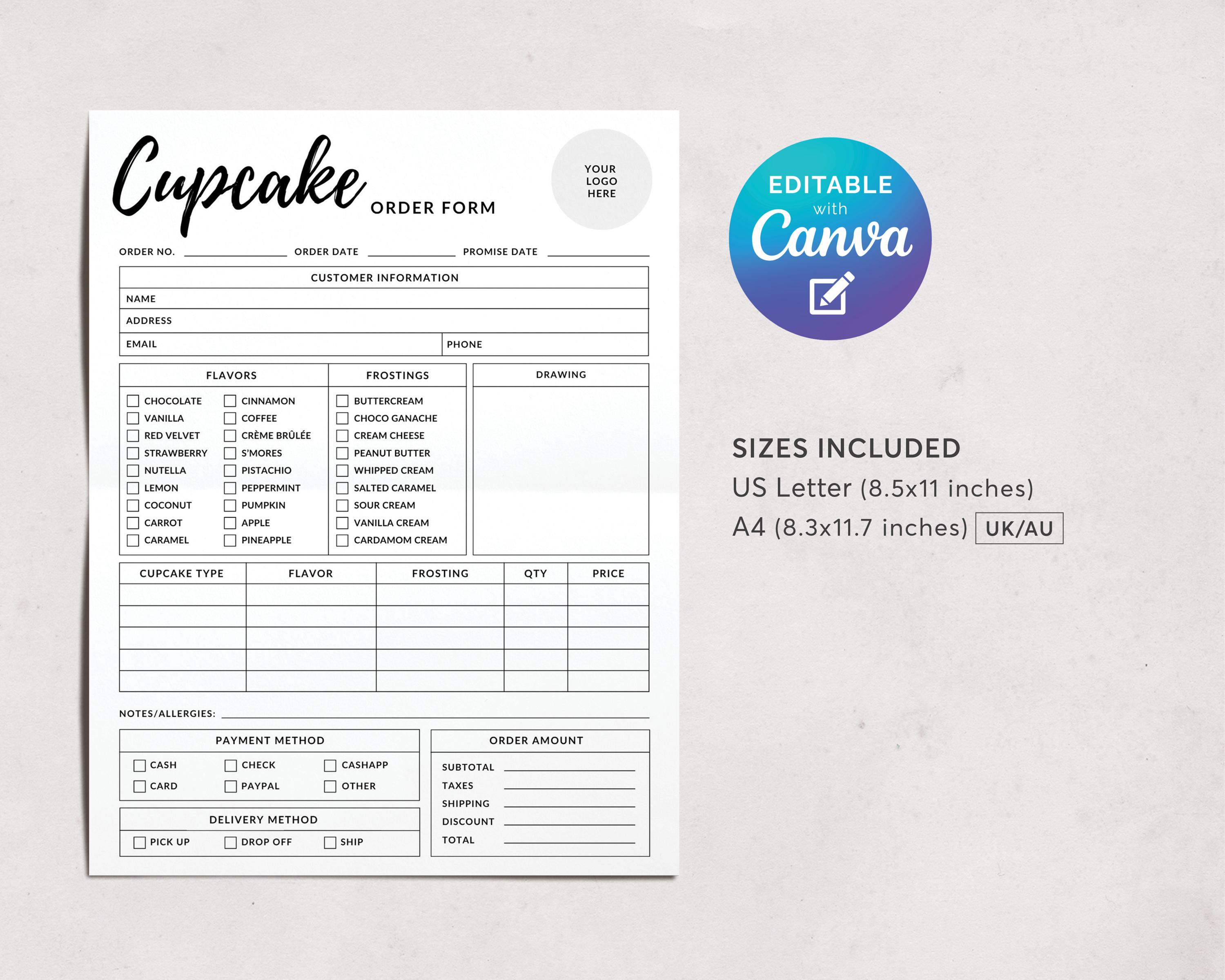 Cupcake Order Form Editable Template, Cake Custom Invoice Form, Home ...