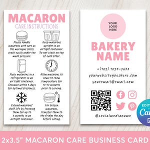 Macaron Care Instructions Business Card Editable Template, Mini Macarons Care Guide Business Cards Label, DIY Bakery Business Insert Card