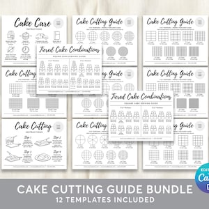 May include: A collection of black and white printable cake cutting guides and instructions. The guides include diagrams for round and square cakes, serving sizes, and cake care instructions. The bundle includes 12 templates.