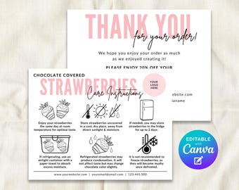 Plantilla editable de tarjeta con instrucciones de cuidado para fresas cubiertas de chocolate, etiquetas de cuidado para fresas bañadas en chocolate, empaque para panadería.
