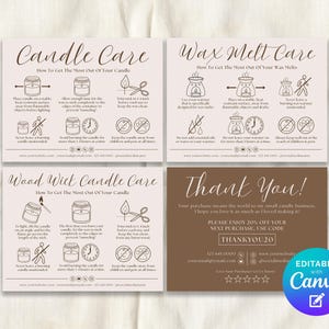 Puede incluir: Cuatro tarjetas beige y marrón con instrucciones para el cuidado de velas, el cuidado de cera fundida y el cuidado de velas de mecha de madera. Las tarjetas también incluyen un mensaje de agradecimiento y un código de descuento. Las tarjetas tienen ilustraciones y texto.