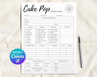 May include: A white cake pop order form with black text, including sections for flavors, colors, and toppings. The form has a Canva logo and a pen is placed on the right side.