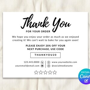 May include: A white thank you card with black text. The card reads "Thank You For Your Order" in a script font. Additional text includes a discount code and contact information. A Canva logo is in the bottom right corner.