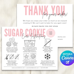 May include: A white card with pink text that reads "THANK YOU for your order!" and "SUGAR COOKIE Care Instructions." The card includes cookie care tips, a logo placeholder, and website information. A circular "EDITABLE with Canva" graphic is in the lower right.