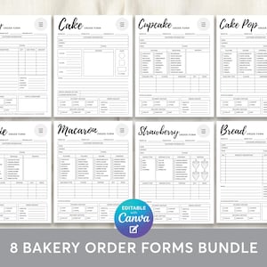 May include: A bundle of eight bakery order forms, each with a different theme: Bakery, Cake, Cupcake, Cake Pop, Cookie, Macaron, Strawberry, and Bread. The forms are black and white and include sections for customer information, product descriptions, and payment details. The text "8 BAKERY ORDER FORMS BUNDLE" is at the bottom.