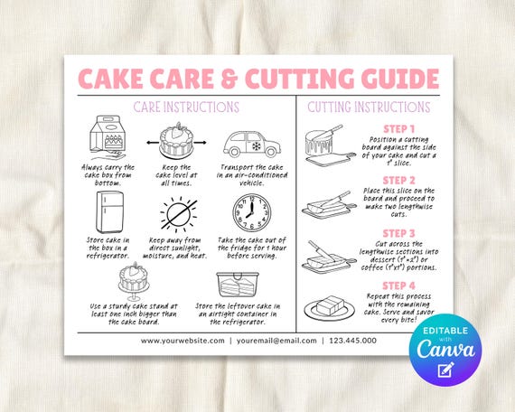 Cake Care And Cutting Guide Card Editable Template, Cake Care And Cutting Instructions Labels, Bakery Business Packaging, Thank You Inserts